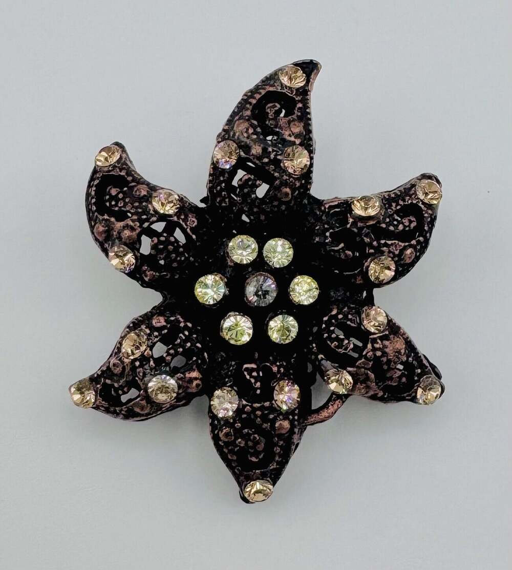 Vintage Bronze Tone Puffy Flower Rhinestone Brooch Estate Jewelry